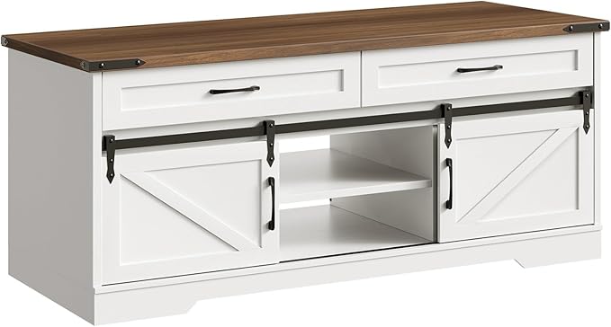 47" Farmhouse Coffee Table with Storage and 2 Drawers, Large Rustic Center Table with Sliding Barn Doors & Open Compartments, Wooden Coffee Table for Living Room, White and Walnut