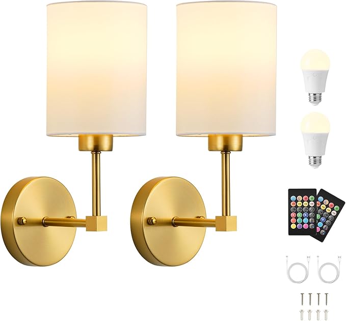 Battery Operated Wall Sconce Set of Two,Wireless Rechargeable Wall Light With Remote Control, Dimmable, 1800K/3000K/4000K/6000K/RGB, Timer, for Living Room, Bedroom, Fireplace, TV, 13.5 Inch, Gold
