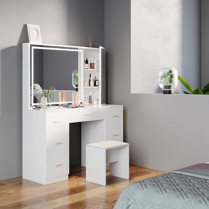 Vanity Desk with Mirror and Lights, Makeup Vanity Desk with 7 Drawers & Cushioned Stool, Hidden Cabinet, Brightness Adjustable, Vanity Table for Bedroom, Dressing Room, Women, Girl (White)