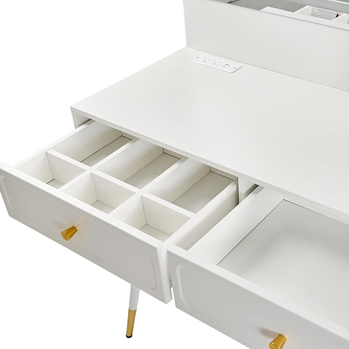 Modern Makeup Vanity Desk with Mirror and Lights,Retractable Dressing Table with Drawers and Cabinets,Makeup Table Set for Bedroom