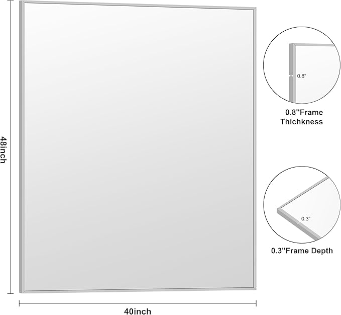 KOCUUY Silver Bathroom Mirror, 40"x48" Large Rectangular Mirror with Metal Frame, Brushed Nickel Vanity Mirror with Modern Design for Bathroom, Living Room, Entryway, Hang Horizontal/Vertical