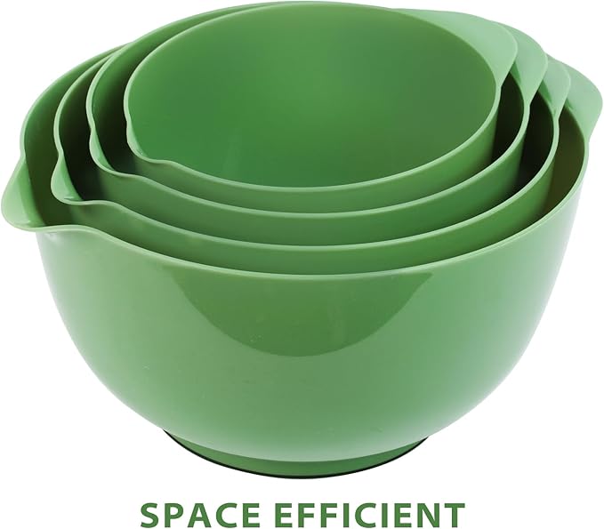 BoxedHome 4 Quart Large Plastic Mixing Bowls, Microwave Safe Mixing Bowl Set with Pour Spout, Nesting Bowls for Space Saving Storage(Grass Green)