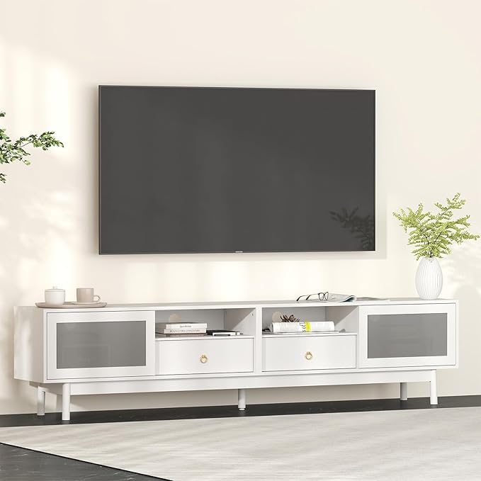 Bonzy Home TV Stand with Storage for 80 Inch TV, Modern Entertainment Center with Glass Doors and 2 Drawers, 86.6" Long TV Console for Living Room, White