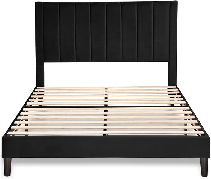 Allewie Queen Bed Frame/Velvet Upholstered Bed Frame with Vertical Channel Tufted Headboard/Strong Wooden Slats/Platform Bed Frame/Mattress Foundation/Box Spring Optional/Easy Assembly/Black