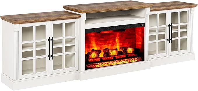 97" Farmhouse TV Stand with 33" Fireplace for TVs up to 100", Media Entertainment Center with Large Storage Cabinet and Adjustable Shelves for Living Room, White/Barnwood