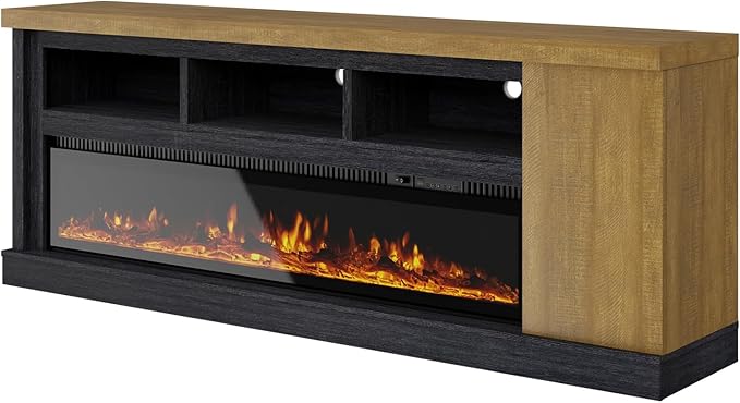 75” Fireplace TV Stand with 60” Electric Fireplace, Chunky Entertainment Center with Wood Grain, Color Clash Entertainment Stand for TVs up to 85”, Black&Brown