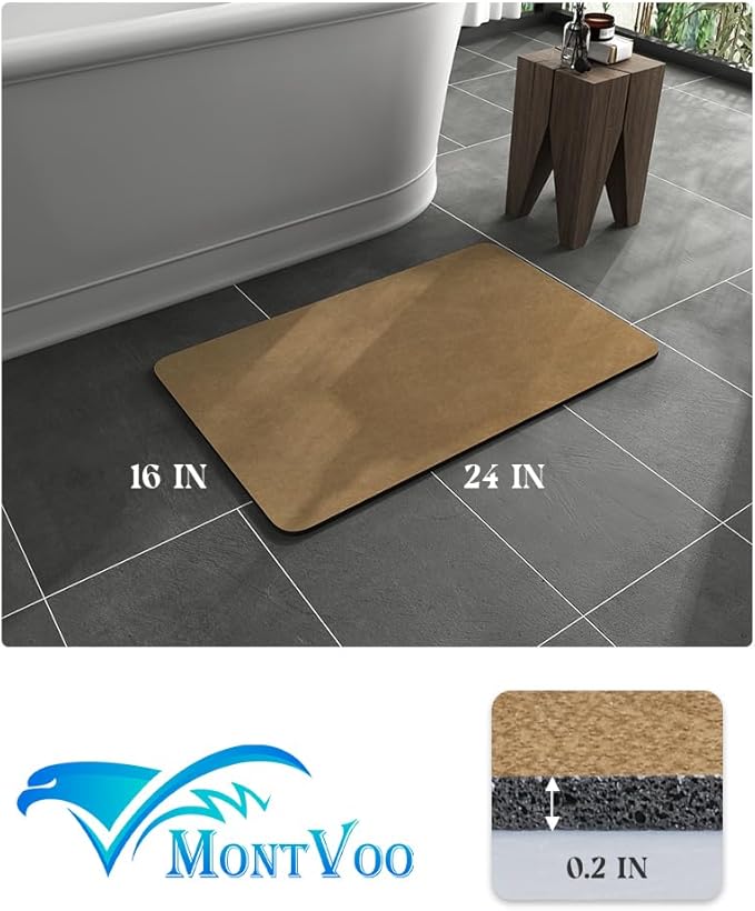 MontVoo -Bath Mat Rug-Rubber Backing Non Slip Quick Dry Absorbent Thin Bathroom Rugs Fit Under Door-Faux Suede Surface Bathroom Floor Mats-Shower Rug for in Front of Bathtub Shower Camel 16"x24"