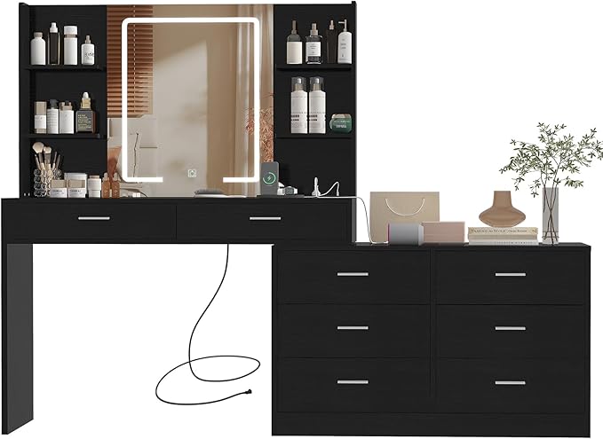 Vanity Makeup Desk with LED Light Mirror & Power Outlet, 8 Drawers, 6 Storage Shelves, 3 Color Modes & Adjustable Brightness Dressing Table, Corner Vanity, L Shape Change, 39.4”Desk, Black