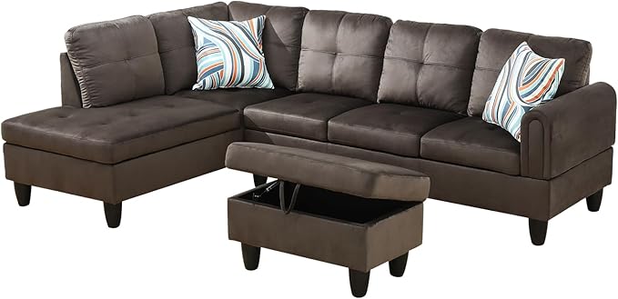 L-Shape 3-Piece Cloud Sofa, Couch for Living Room, Dark Brown Flannel Fabric L-Shape with Reversible Chaise & Storage Ottoman, Ergonomic 110–115° Recline, Solid-Wood Frame