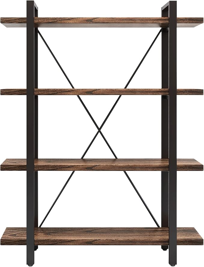 4 Tier Bookshelf Solid Wood Bookcase and Book Shelves Wood and Metal Shelving Rustic Open Bookshelf Office,Distressed Brown (AY-02-4Tier)
