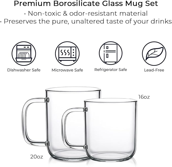 Aquach Glass Mugs 16 oz Set of 2, Large Clear Glass Cup with Handle for Hot/Cold Coffee Tea Beverage, Drinking Glasses
