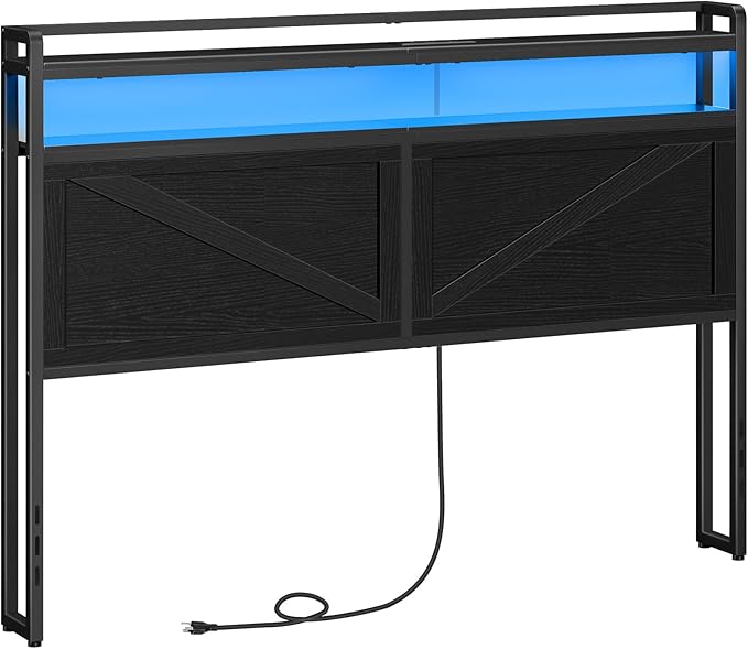 HOOBRO Headboard Queen Size, Headboard with Charging Station and LED Light Strip, 2-Tier Queen Storage Headboard with Outlets and USB Ports, Industrial Style, for Queen Size Beds, Black