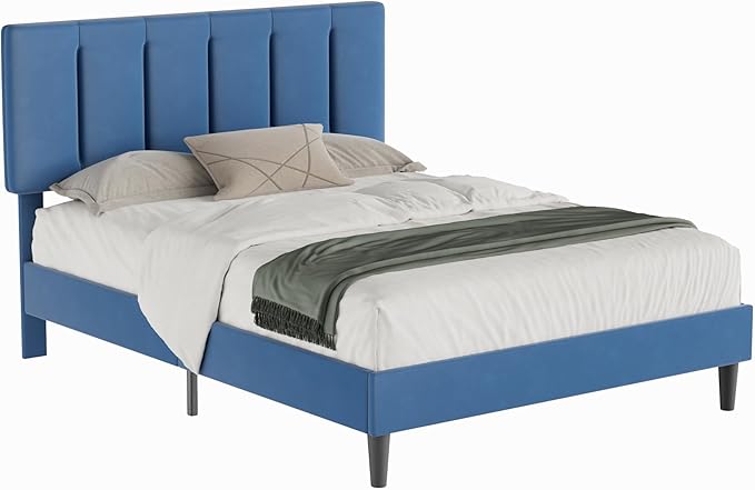 VECELO Queen Bed Frame with Upholstered Headboard, Heavy-Duty Platform Bedframe with Strong Wooden Slats Support, No Boxing Spring Needed, Dark Blue