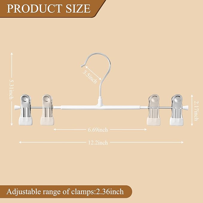 20 Pack 12Inch Heavy Duty Pants Skirt Hangers with Clips,Metal Trousers Hanger for Jeans White Non Slip Women Shorts Hangers Saving Space Clothing Hanger for Adult,Men,Children,Kid,Baby