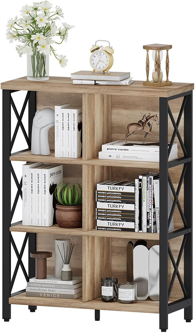 FATORRI 6 Cube Storage Organizer Shelf, Wood and Metal Cubby Bookcase, Industrial 4 Tier Cube Bookshelf (Rustic Oak)