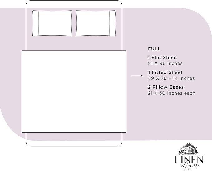 Linen Home 100% Cotton Percale Sheets Full Size, Iris Lilac, Deep Pocket, 4 Pieces Set - 1 Flat, 1 Deep Pocket Fitted Sheet and 2 Pillowcases, Crisp Cool and Strong Bed Linen