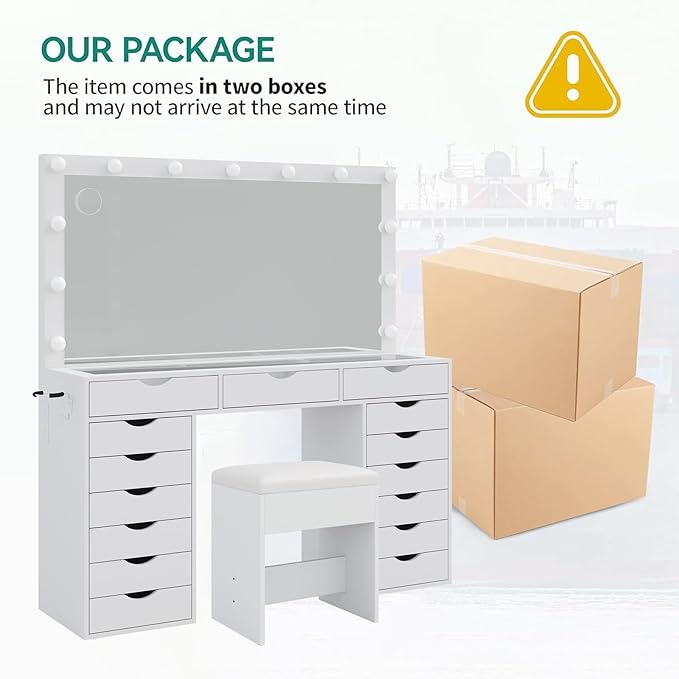 Vanity Desk with Mirror and Lights, Makeup Table with Charging Station, 3 Color Lighting Modes, 15 Drawers Dressing Table, Vanity with Chair for Bedroom, White