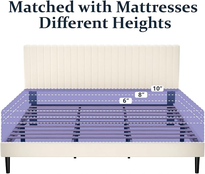 King Size Bed Frame,King Size Platform Bed Frame and Velvet Upholstered Headboard with Strong Wood Slats, Box Spring Optional, Mattress Foundation, Easy Assembly Beige