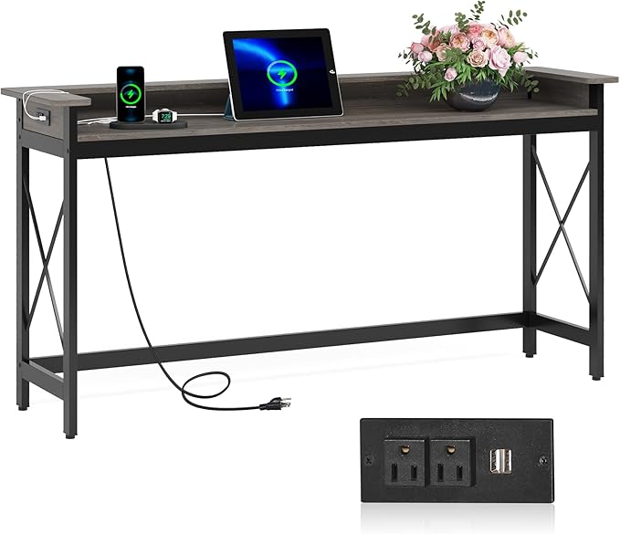 Tribesigns Sofa Table with Outlets and USB Ports, 70.9 inch Extra Long Console Table Behind Couch with Charging Station, Industrial Narrow Entryway Hallway Accent Table for Living Room