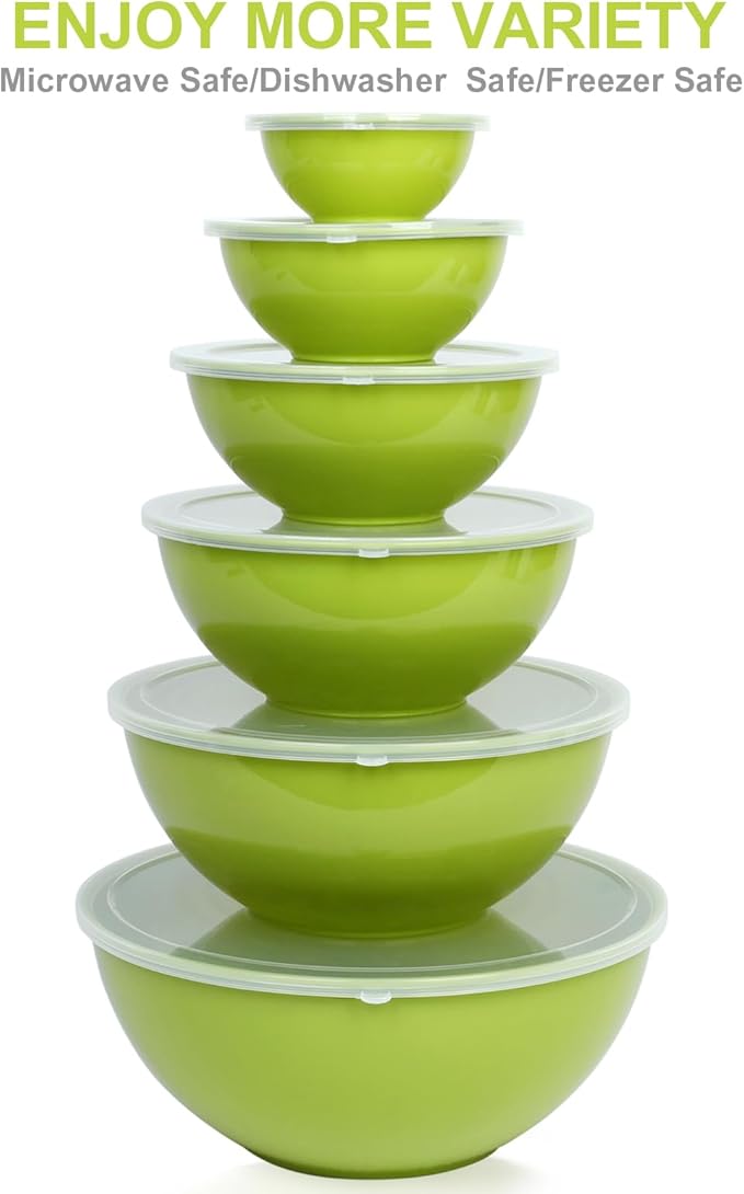 BoxedHome BPA Free Plastic Round Mixing Bowl with Lids, 12 Pack Nesting Bowls with Lids Set, Microwave and Dishwasher Safe Prep & Serving Bowls Great for Mixing, Baking, Serving (Light Green, 12pcs)