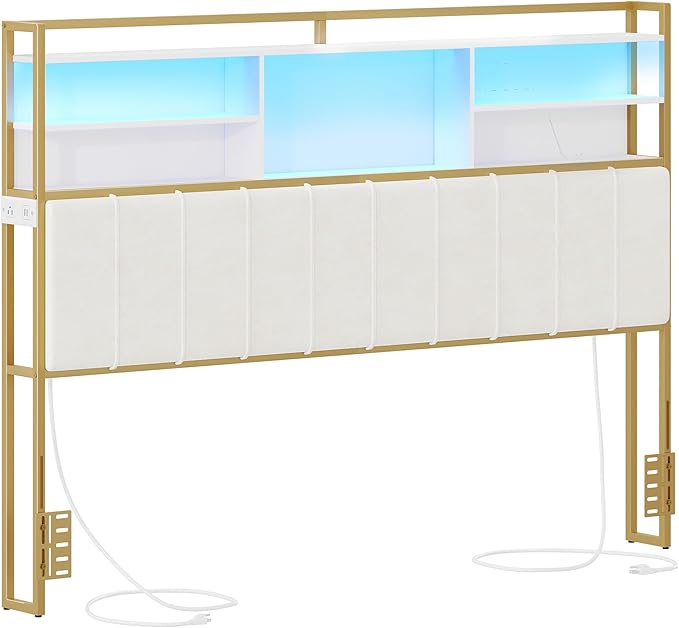Headboard with 3-Tier Storage Shelves, Velvet Upholstered Head Board with 2 Outlets, USB Ports & LED Light, Soft Backrest for King Size Bed, White and Gold BH19403A
