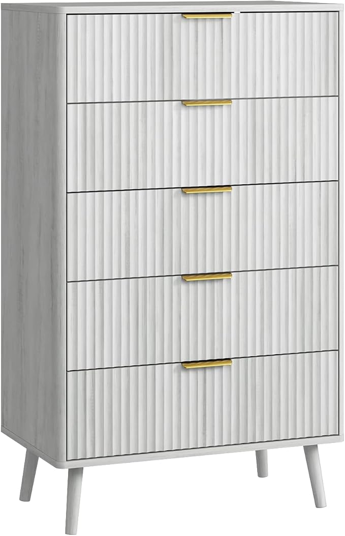 CARPETNAL Fluted 5 Drawers Dresser for Bedroom, 45”Tall Modern Chest of Drawers with Deep Drawers,Curved Profile Design, Wood Drawer Organizer for Living Room, Hallway, White