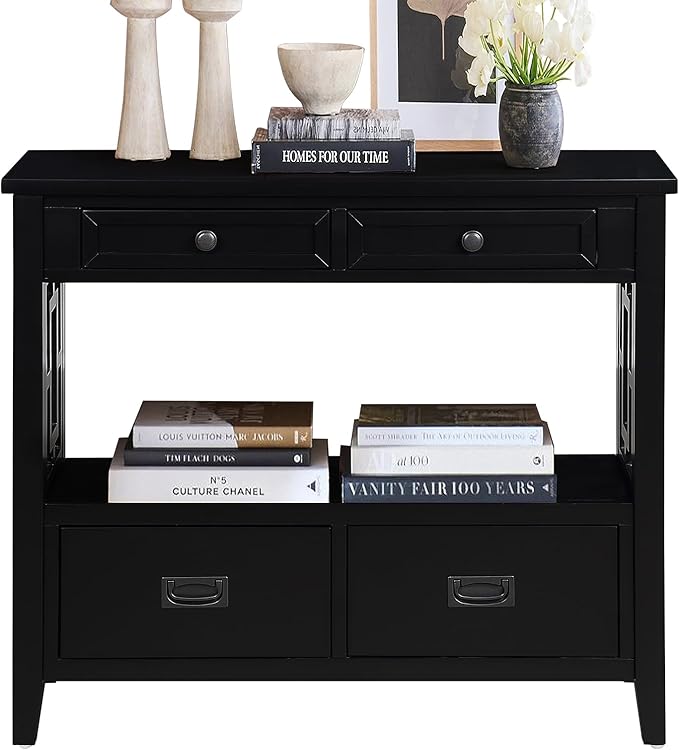 36 Inch Country Farmhouse Console Table with 4 Drawers and 1 Storage Shelf Pine Wood Suitable for Entryway Entrance Living Room Bedroom Hallway Kitchen (Black)