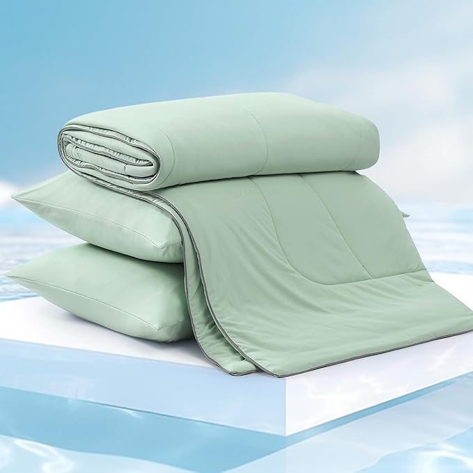 Monbix ChillChilla Cooling Comforter King Size-3 Pieces Cooling Blankets for Hot Sleepers and Night Sweats, Double-Sided Summer King Size Comforter Set, Breathable Lightweight Blanket Grey Green