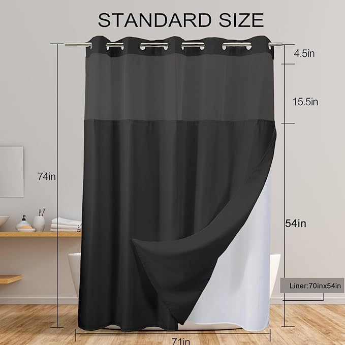 No Hook Shower Curtain with Snap in Fabric Liner Set, Black Chevron Shower Curtain for Bathroom, Washable and Water Repellent, See Through Mesh Top Window, 71x74 Inches