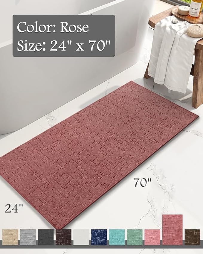 AMOAMI-Bath Mat-Absorbent Quick Dry Bathroom Floor Mats-Washable Rubber Backing Bath Mats for Bathroom Rugs Fit Under Door-Bath Rug for in Front of Sink Bathtub Shower Room, Rose 24''x70''