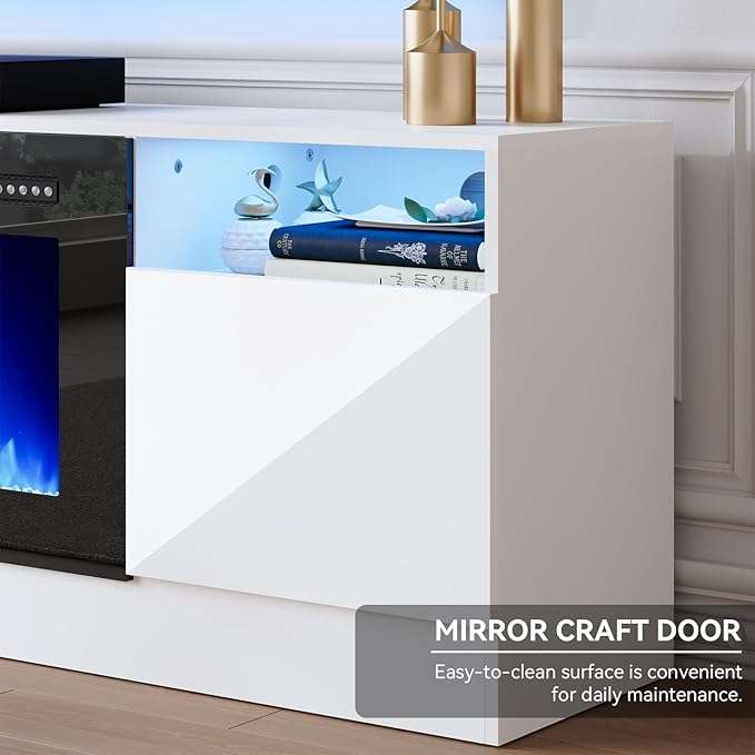 oneinmil 70" TV Stand with 36" Electric Fireplace, Large Modern Media Entertainment Center with Storage Cabinet and 12 Colors LED Lights for TVs Up to 80", White and Black