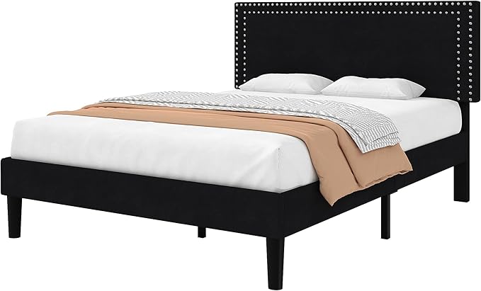VECELO Queen Size Bed Frame with Adjustable Upholstered Headboard, Wooden Slats Platform, Noise-Free Design, Easy Assembly
