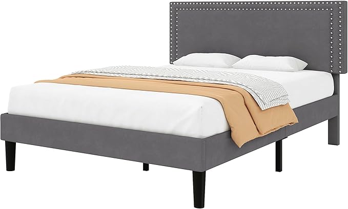 VECELO Full Size Bed Frame with Adjustable Upholstered Headboard, Wooden Slats Platform, Noise-Free Design, No Box Spring Needed, Easy Assembly