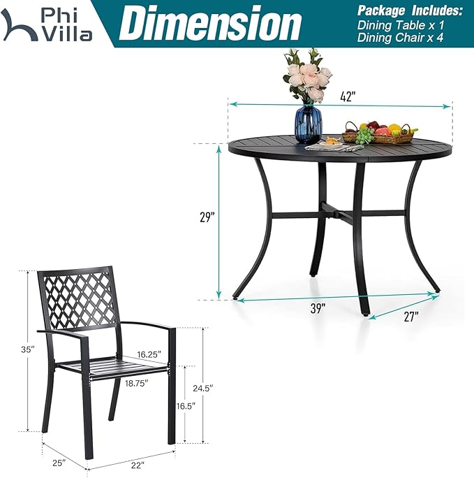 PHI VILLA 5 Pieces Outdoor Round Dining Set for 4, Metal Steel Circle Table with Umbrella Hole & Stacking Wrought Iron Chairs, Morden Furniture Set for Patio, Deck, Backyard, Porch