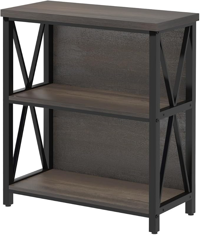 FATORRI Rustic Small 3 Shelf Bookshelf for Living Room, Industrial Low Wood Bookcase, Farmhouse Short Book Shelf for Small Space (Walnut Brown)