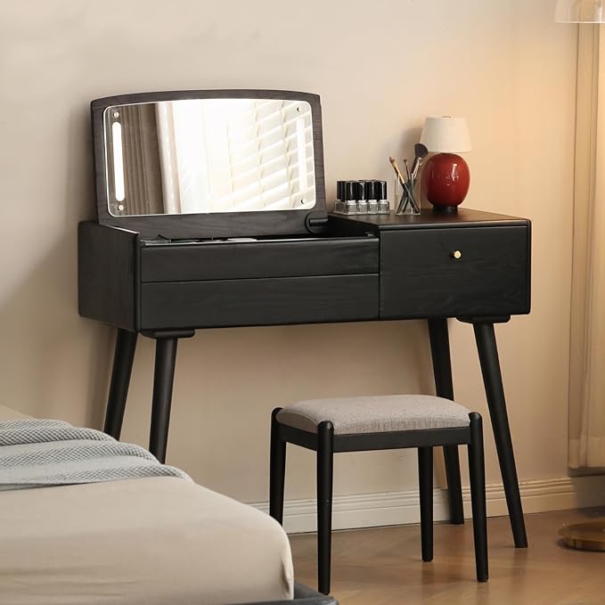 Small Vanity Desk with LED Mirror, Solid Wood Flip-top Design Dressing Table with Drawer Divider, Vintage Dressing Table Vanity Desk for Bedroom, Black, 40" D x 17" W x 31" H