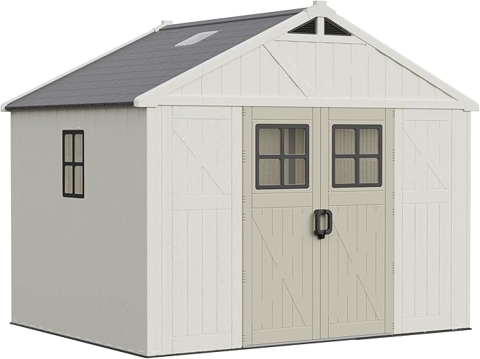 Greesum 10×8 FT Plastic Outdoor Storage Shed with Floor and Lockable Door, Resin Sheds with Windows and Skylights, Weather Resistant Organization for Garden, Lawn, Pool Supplies, Beige