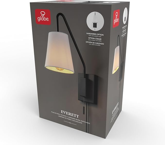 GLOBE Electric 65000043 1-Light Plug-in or Hardwire Wall Sconce, Matte Black, White Fabric Shade, Swing Arm, 6ft Black Braided Fabric Cord, On/Off Pull Chain, Wall Lights for Living Room, Home Décor