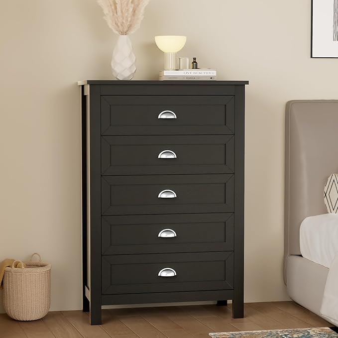 Farmhouse 5 Drawer Dresser for Bedroom, 47" Tall Dresser, Modern Black Chest of Drawers Organizer for Bedroom, Closet, Living Room, Entryway, Hallway