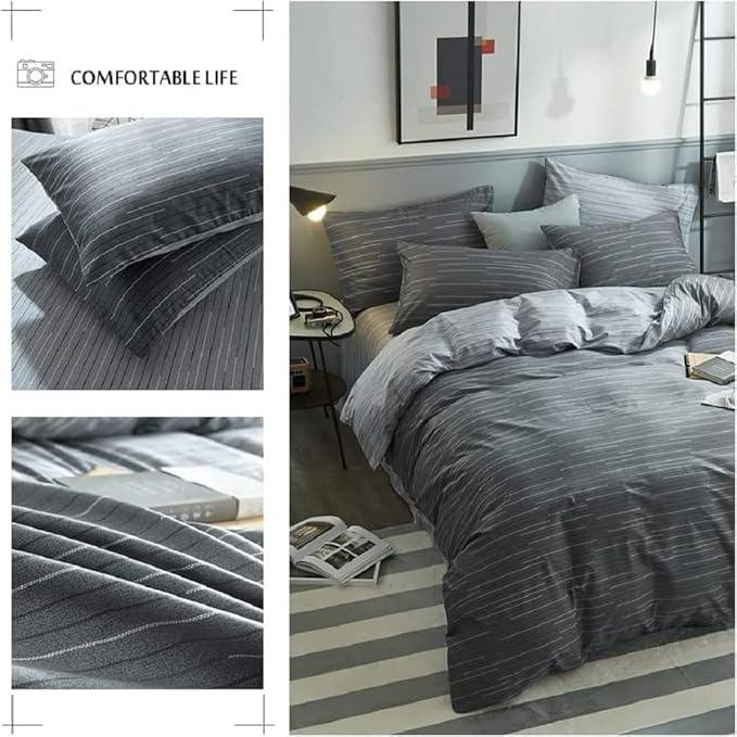 mixinni King Size Comforter Set for Teen Modern Geometric Boys Grey Striped Printed Comforter Set Men Boys for All Season, 1 Soft Fluffy Comforter and Two Pillowcases-King Size