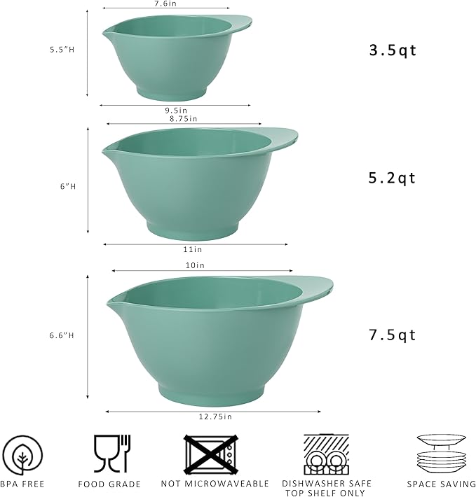 LEHAHA Mixing Bowls with Pour Spout, set of 3, Non-Slip, Nesting and Saving Space Design, Versatile Melamine Bowl with large handle for Prepping, Baking, Cooking, Kitchen Cooking and Baking. Green