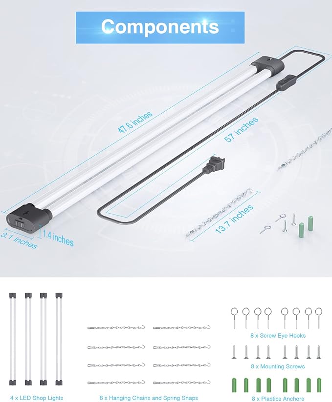 Ensenior 4 Pack Linkable LED Utility Shop Light, 4 FT, 4400 High Lumens, 36W Equivalent 280W, 5000K Daylight, 48 Inch Shop Light for Garage, Surface or Hanging Mount, Black, ETL Certified