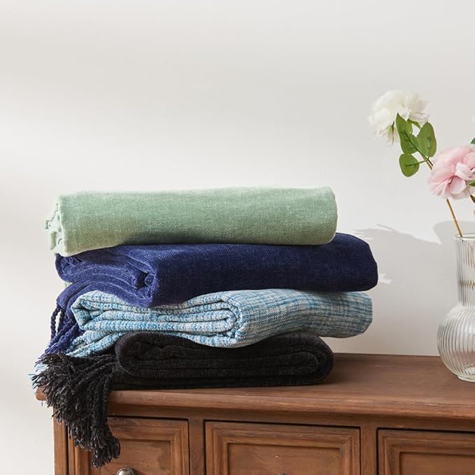 Lunarose Chenille Throw Blanket for Couch | Soft Cozy Gradient Accent Blanket | Lightweight Decorative Blankets Throws for Sofa Chair Bed Picni Beach | All Season (A-Blue, 50''×60‘’)