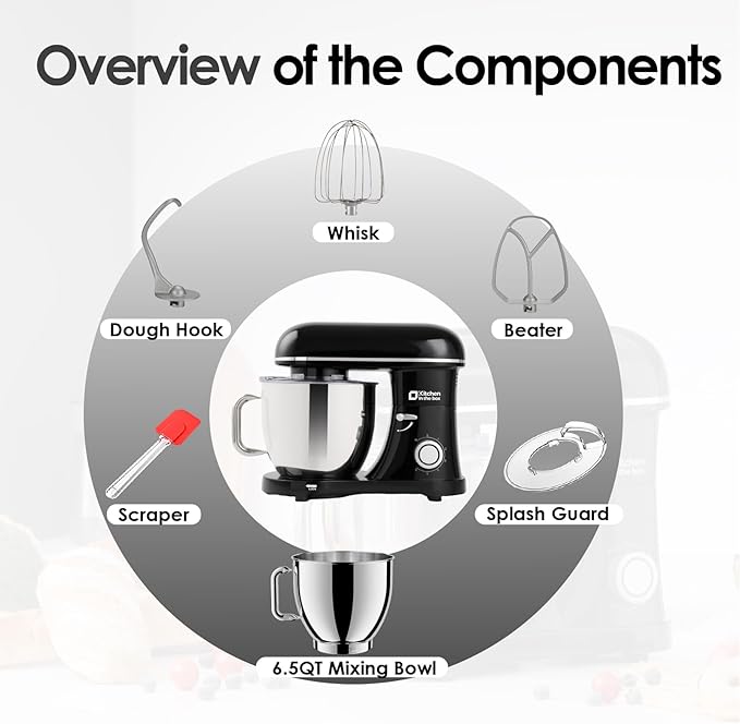 Kitchen in the box Stand Mixer - 6.5 Quart Mixing Bowl with Handle, 900 Watt Heavy Bread Dough Standing Mixers Tilt-head with Dough Hook, Whisk, Flat Beater and Splash Guard (Black)