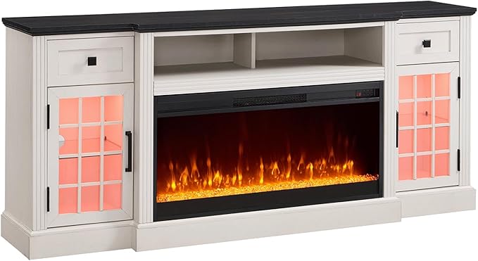 JXQTLINGMU Fireplace TV Stand for 80 Inch TV, Farmhouse Highboy Entertainment Center w/LED Lights & 36" Electric Fireplace, Large Media Console w/Glass Door Cabinet & Storage Drawer, White