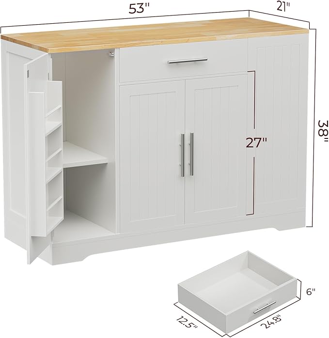 53" Long Kitchen Island with Trash Can Storage, White Kitchen Cart with Garbage Bin 10 Gallon, Portable Island with Trash Can, Wood Top, Spice Rack and Drawers
