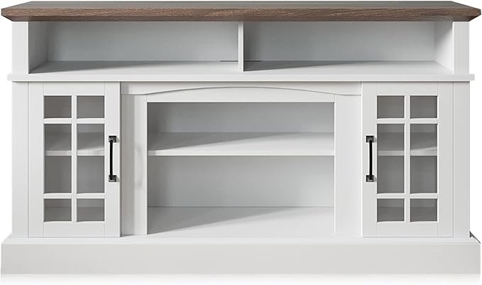 BELLEZE 58 Inch TV Stand, Rustic Wood Entertainment Center for TVs up to 65", Contemporary Media Console Table with Two Open Shelves and Glass Door Cabinets - Astorga (White)