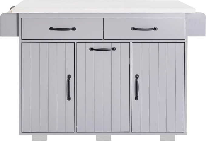 Kitchen Island with Storage & Drop Leaf, 51" Kitchen Rolling Island on Wheels with Spice Rack & Towel Rack, Kitchen Island Cart with Trash Can Storage, Grey