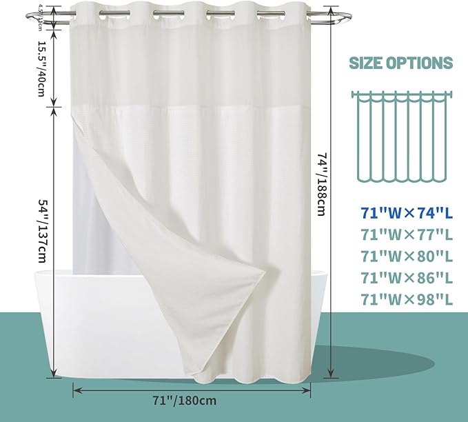 Cream No Hook Waffle Weave Shower Curtain with snap-in Liner Replacement, 230GSM Waterproof Fabric Hotel Shower Curtain Set for Bathroom, Through Mesh Top Window,71Wx74H