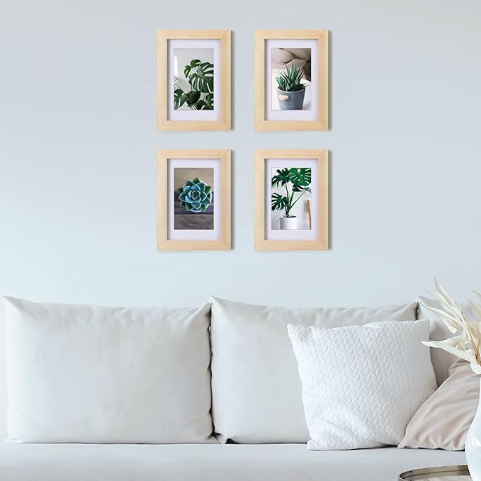 Egofine 4x6 Picture Frame Natural Wood Made of Solid Wood with Plexiglass, Display Pictures 3.5x5 with Mat or 4x6 Without Mat for Tabletop and Wall Mounting